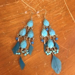 Turquoise Marble and Feather Dangle Earrings
